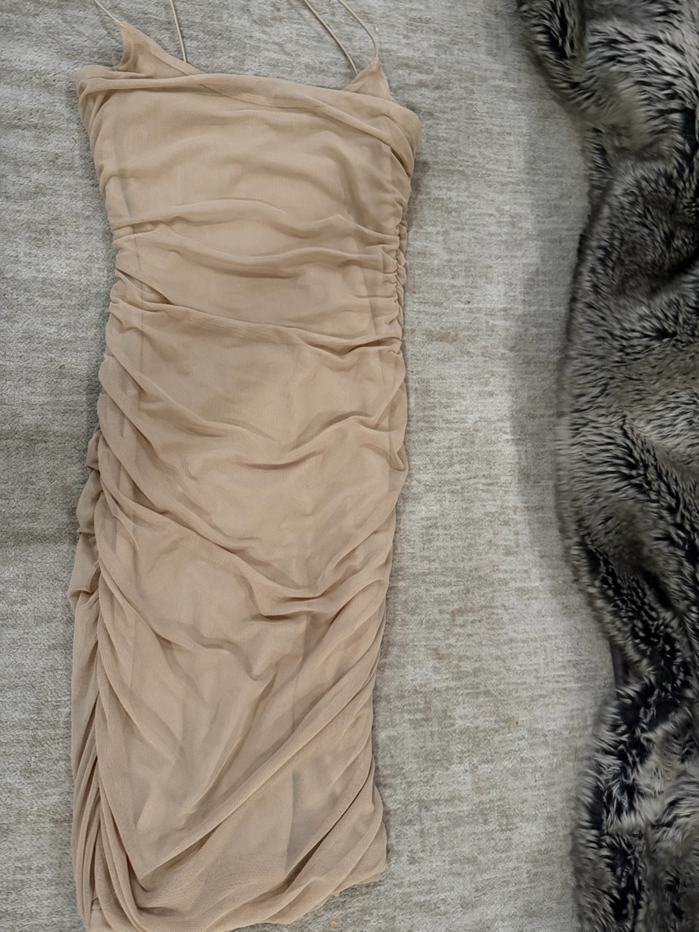 Fashion Nova Beige Ruched Mesh Midi Dress